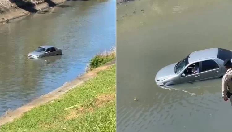 Motorista Ã© resgatada apÃ³s carro cair em cÃ³rrego no Costa Azul