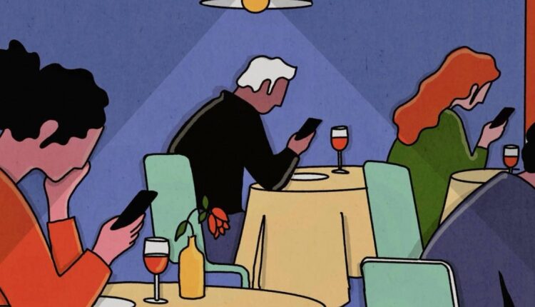 Ilustração de pessoas em um jantar olhando o celular