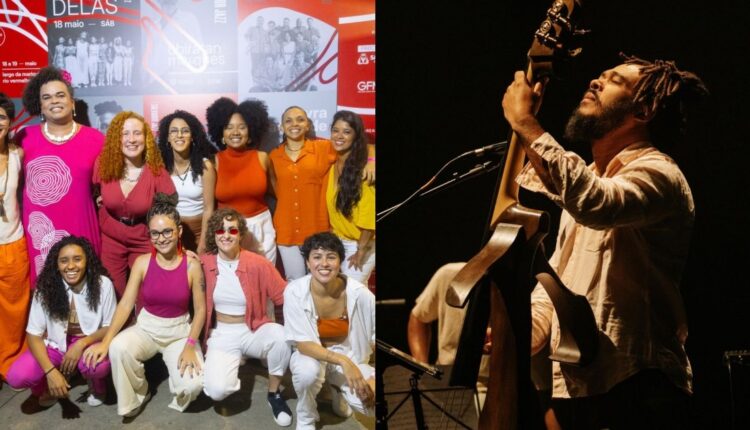 Grupo de artistas reunidos e músico tocando violão em show