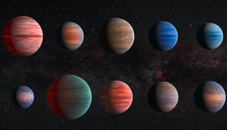 Ilustração de vários exoplanetas enfileirados no espaço