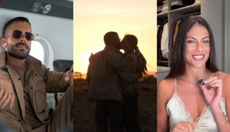 Mari Gonzalez e Pipo Marques se beijam ao pôr do sol
