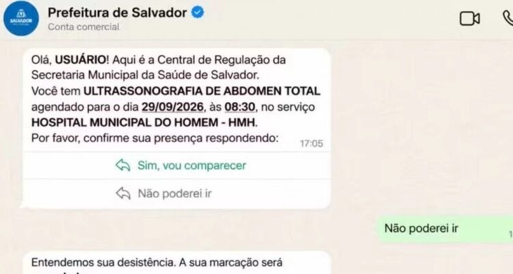 Mensagem da Prefeitura de Salvador pedindo confirmação de consulta no WhatsApp