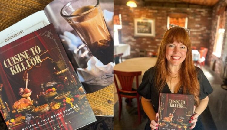 Livro de receitas Cuisine to Kill For ao lado da autora