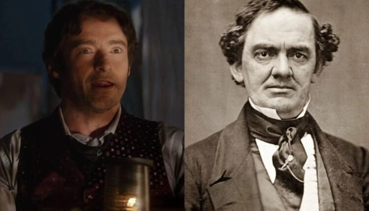 Montagem com ator e retrato antigo de P. T. Barnum